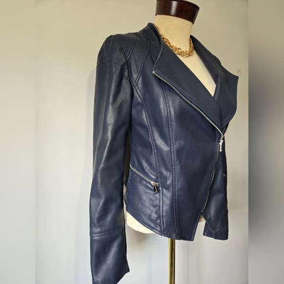 WILLI SMITH Navy Faux Leather Fitted Moto Jacket. Size Small - Picture 3 of 16
